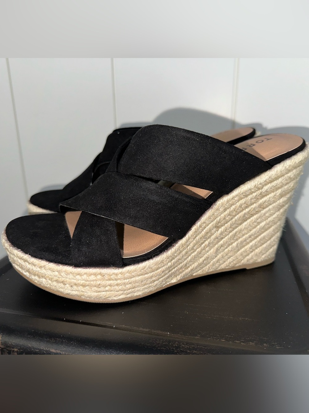 Black Suede Crisscross Espadrille Wedge Slides